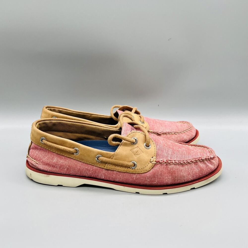Sperry Shoes Mens 9 Pink Canvas Top Sider Boat Flats Slip On Non Slip Casual
